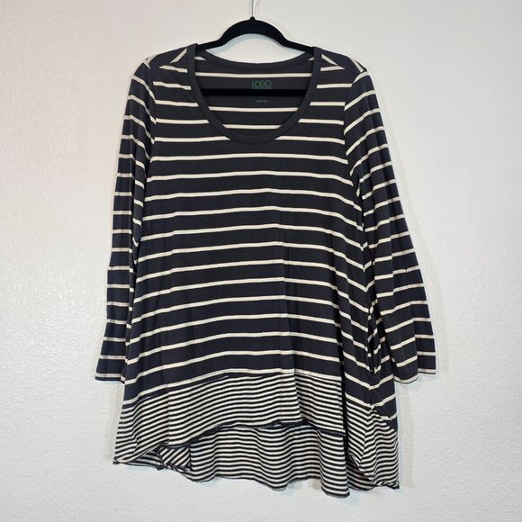 Logo By Lori Goldstein Tunic Blouse Top Women Large Gray Striped Pocket Hi Low - Picture 1 of 10